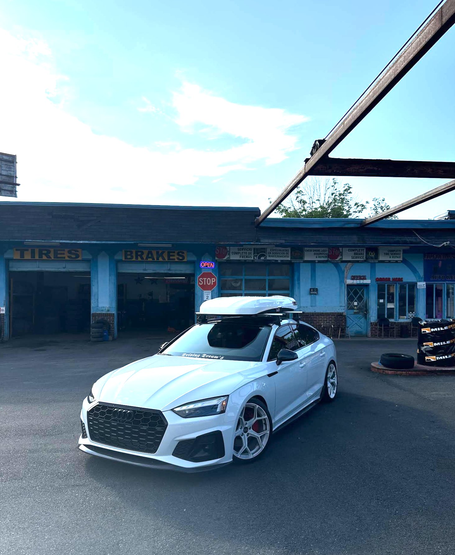 White Audi at Alfredo's Tire Shop